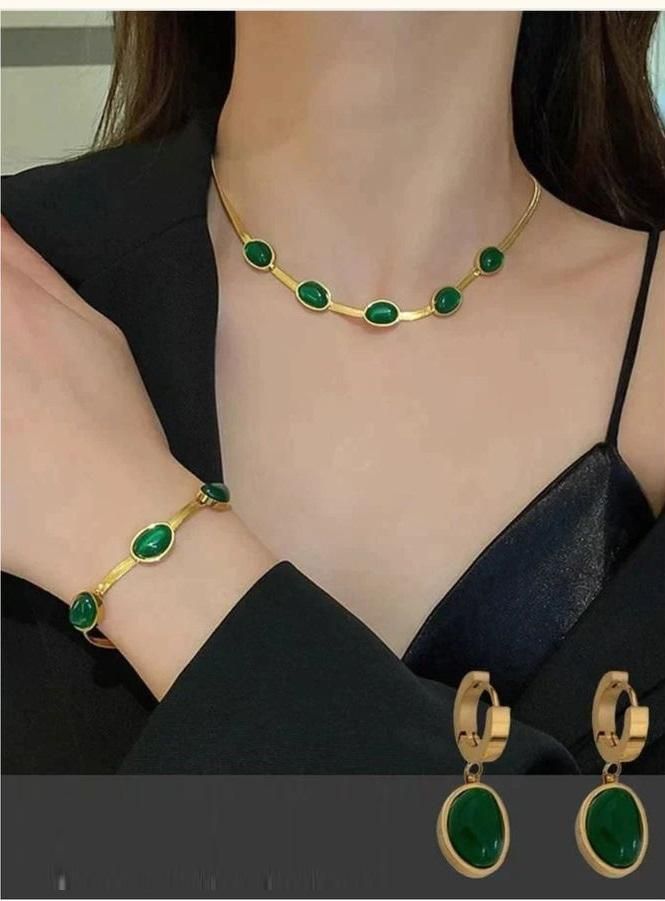 Glod Plated Green Jewelry Set – Necklace, Earrings & Bracelet